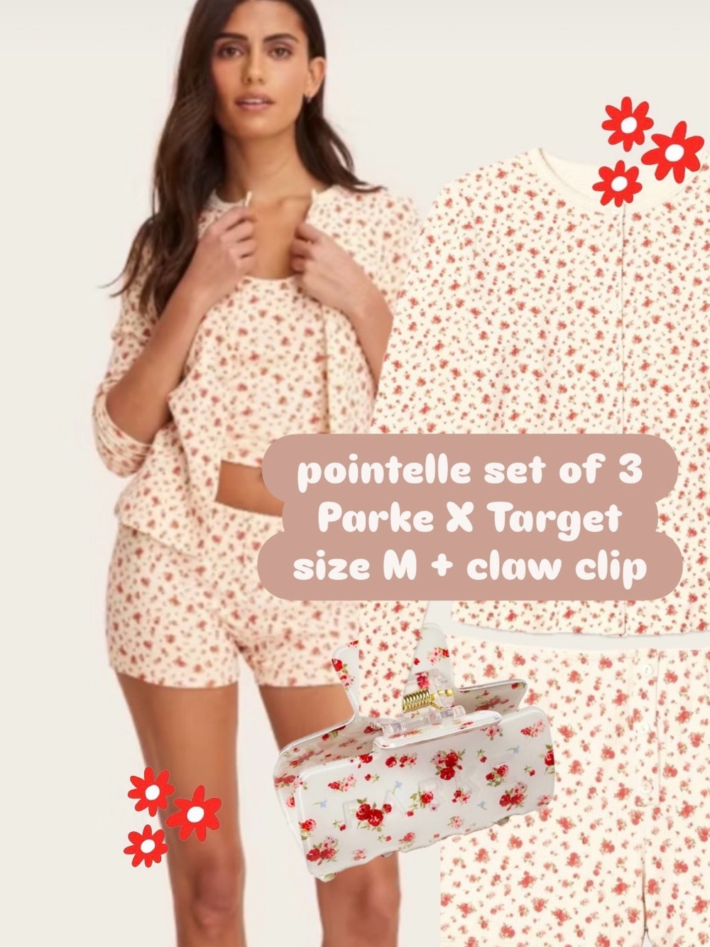 *SET* Parke x Target Medium: Cream Pointelle Floral Cardigan, Shorts + ClawClip